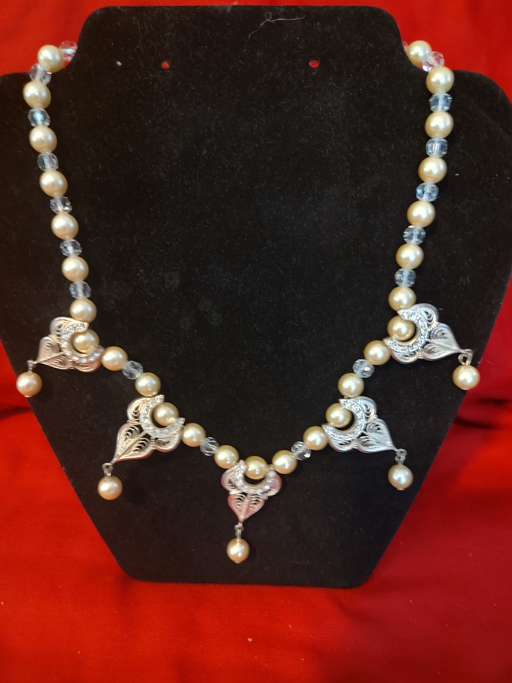 Vintage Pearl and Silver Filigree Drop Necklace - Ivory Pearls